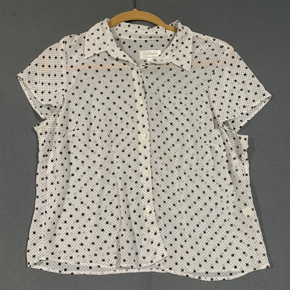CJ Banks Button Down Shirt Women 1X White Black Polka Dot Short Sleeve Chiffon
